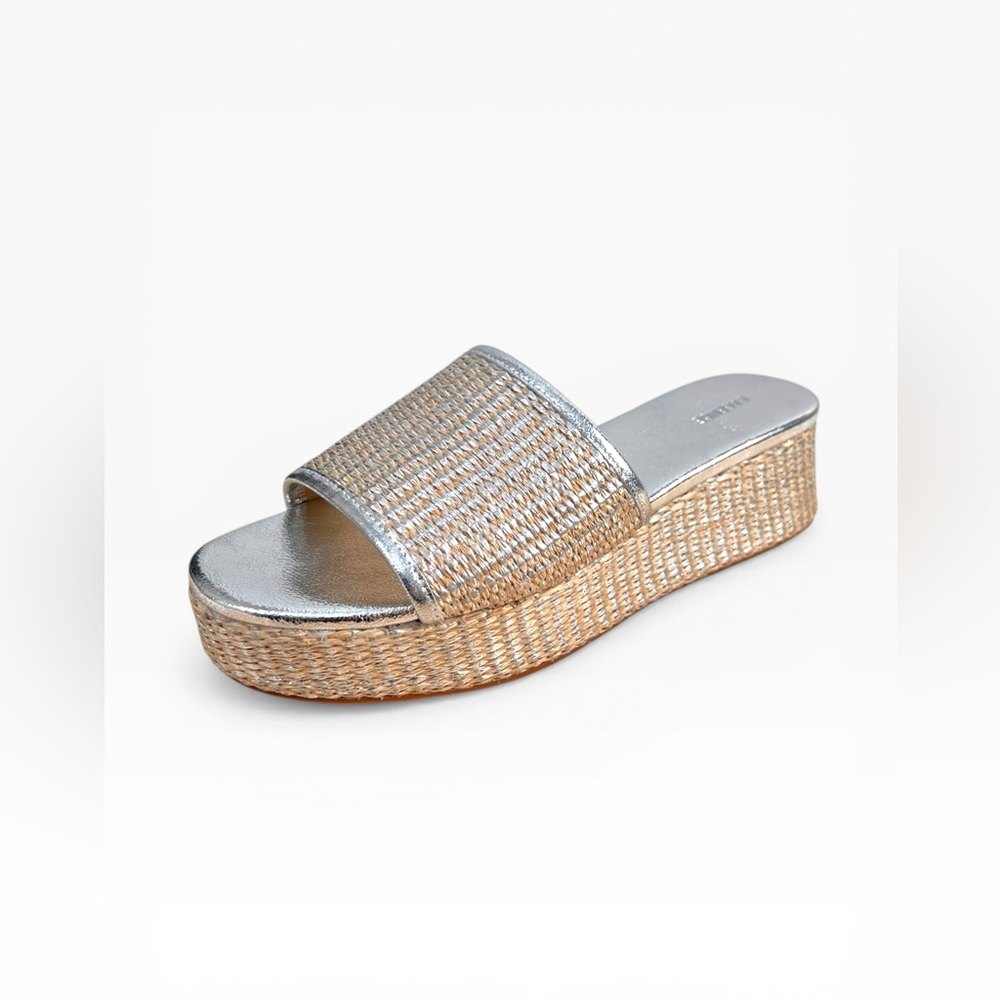 L’AGENCE Inaya Raffia Platform Sandals Silver Espadrille Slides 6.5